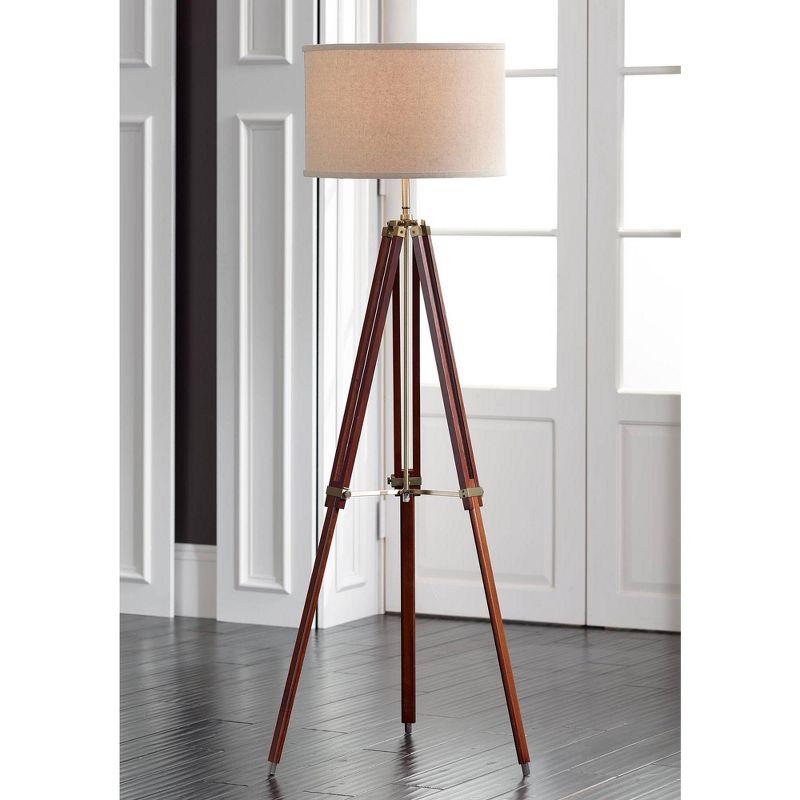 Possini Euro Design Surveyor Modern Tripod Floor Lamp 57 1/2" Tall Cherry Wood Adjustable Beige Linen Drum Shade for Living Room Bedroom Office House