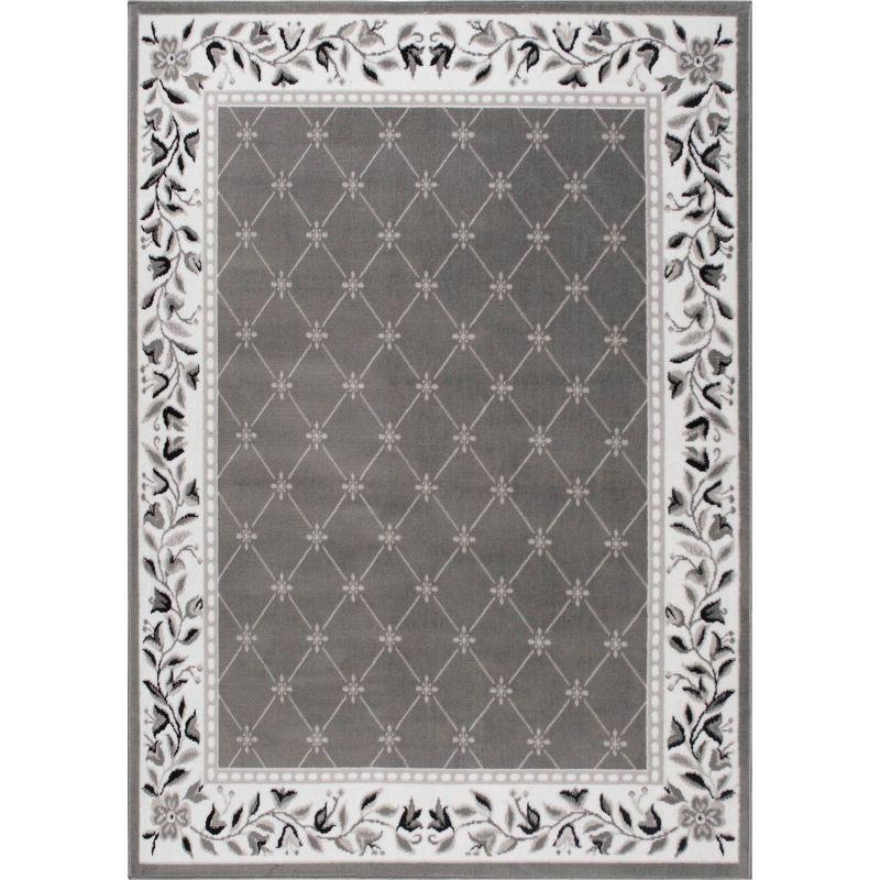 Grey and Ivory Rectangular Traditional Floral Area Rug