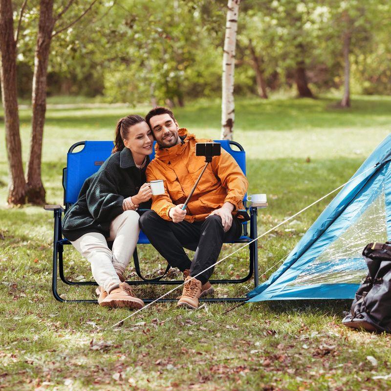 Blue Folding Double Camping Chair with Wood Armrests