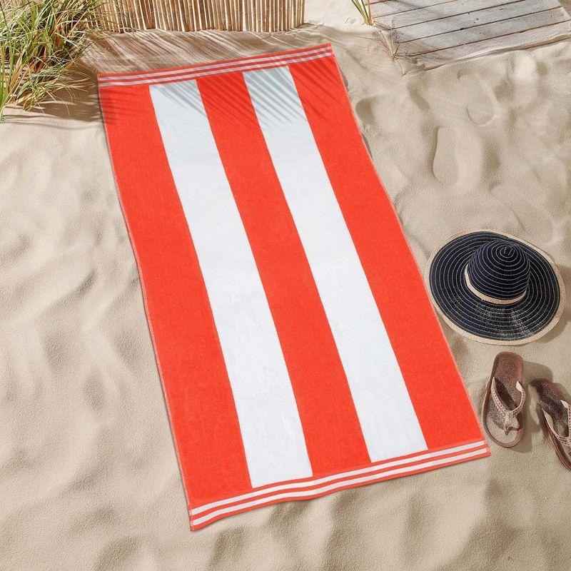 Cabana Stripe Oversized Cotton Beach Towel, Coral - Blue Nile Mills