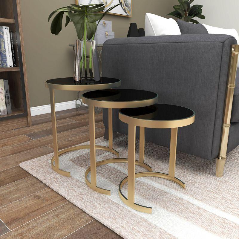 Elegant Gold Metal and Mirrored Glass Round Nesting Tables, Set of 3