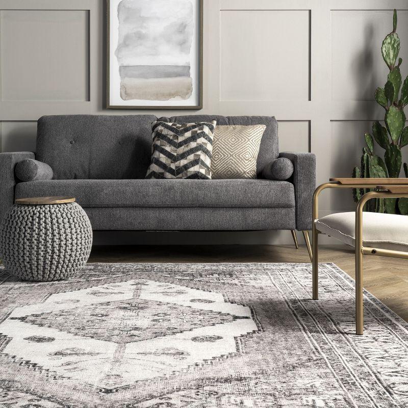 Nuloom Gladys Pet Friendly Machine Washable Vintage Medallion Area Rug, 4' x 6', Light Grey