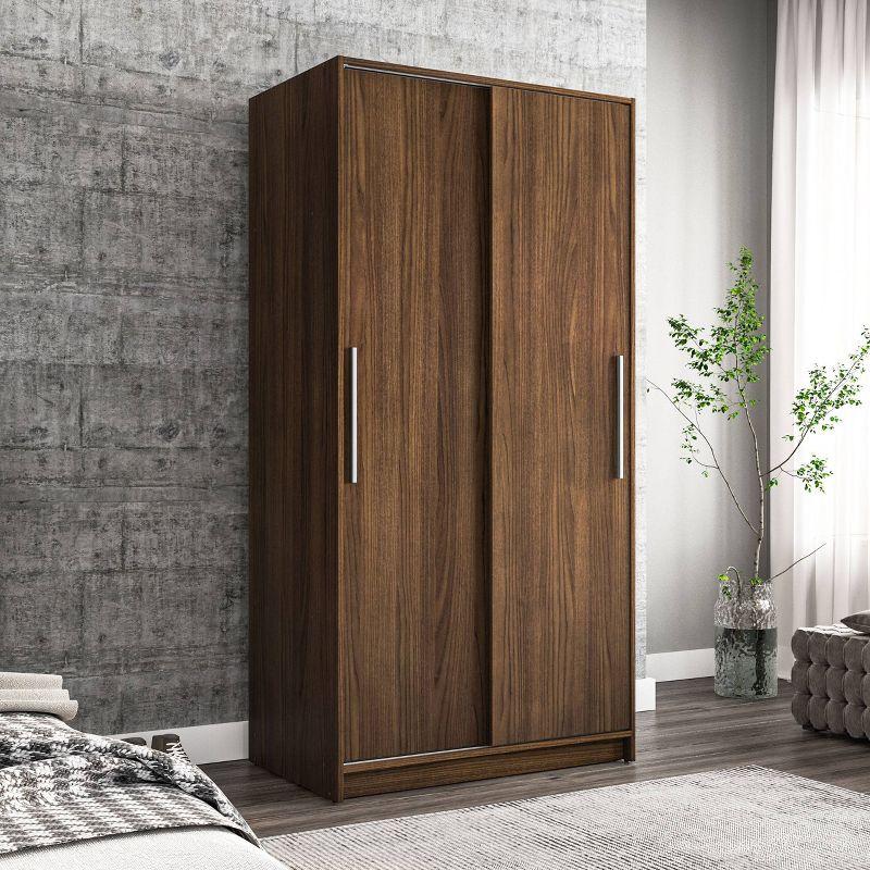 Denmark 2 Sliding Doors Clothing Armoire Dark Brown -Polifurniture: Modern Storage Wardrobe with Fixed Shelves, Aluminum Hardware