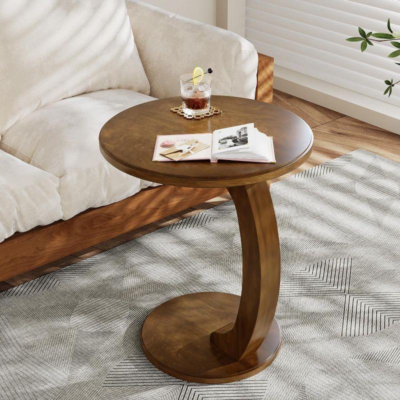 Hommoo C-Shaped End Table, Round Solid Wood Side Table for Living Room Brown