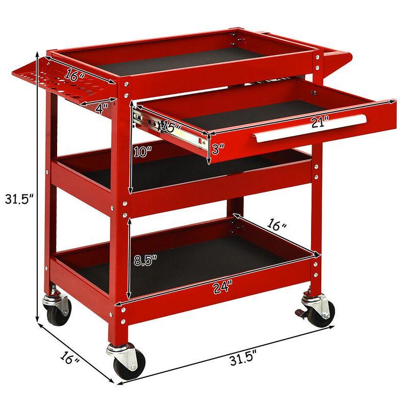 Red Steel Three Tray Rolling Utility Cart with Drawer