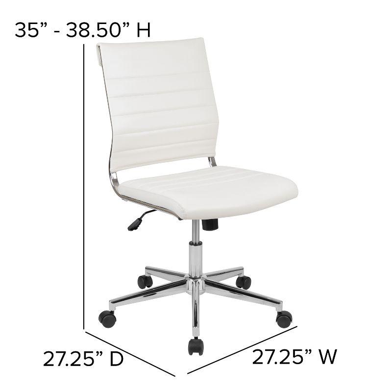 Merrick Lane White Ergonomic Swivel Office Chair Ribbed Faux Leather Back and Seat Mid-Back Armless Computer Desk Chair with Chrome Base