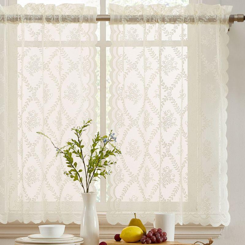 HLC.ME Isabella Floral Rod Pocket Lace Semi Sheer Voile Short Cafe Tiers for Small Windows - Ivory, Tiers - 28 W x 36 L