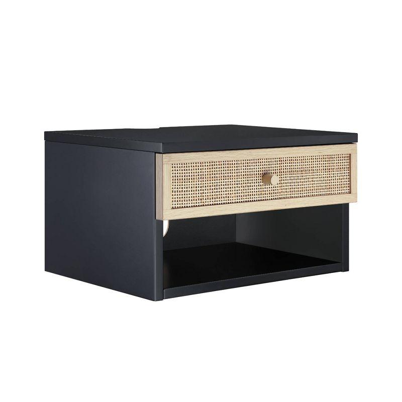 Nathan James Jackson Floating Side Table Rattan and Wood Black: Modern Bohemian Nightstand with Storage Drawer and Cubby