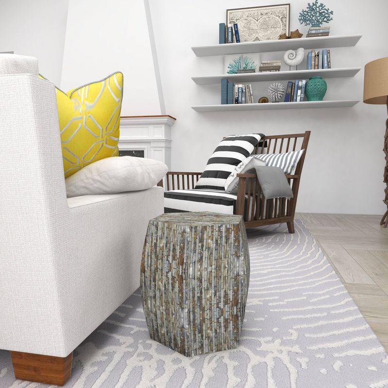 Wrought Studio™ Alissa Mother of Pearl Shell Handmade Shell Mosaic Hexagon Side End Gray Accent Table with Brown Accents