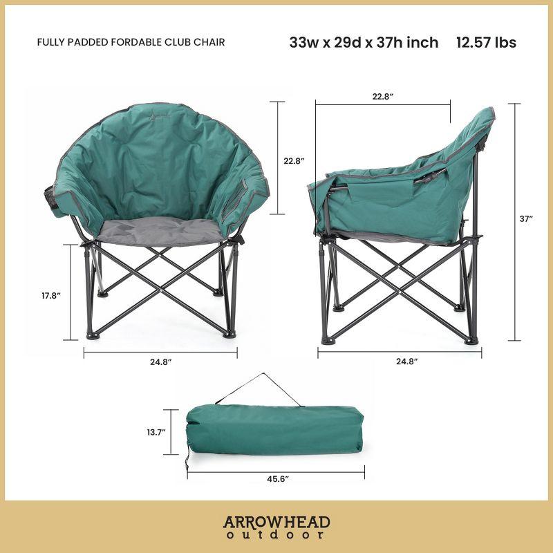 Arrowhead Outdoor Oversized Heavy-Duty Club Folding Camping Chair w/External Pocket, Cup Holder, Portable, Padded, Moon, Round, Bag (Forest Green)