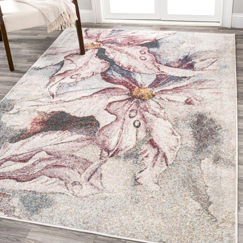 Pastello 4' x 6' Gray Abstract Muted Floral Synthetic Area Rug