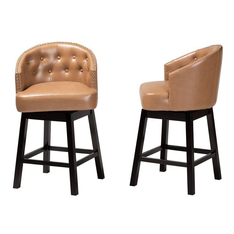 2pc Theron Faux Leather and Wood Swivel  Counter Height Barstool Set Tan/Espresso Brown - Baxton Studio: Mid-Century, Button-Tufted, Nailhead Trim