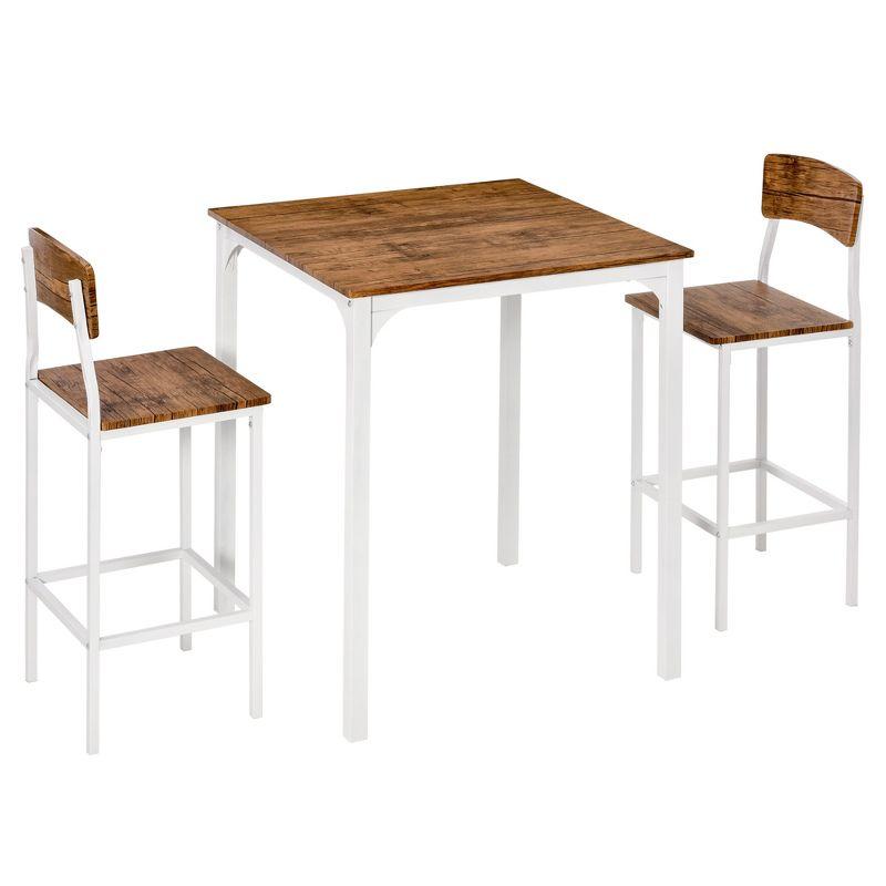 HOMCOM 3 Piece Bar Table and Chairs Set, Industrial Small Dining Table Set for 2, Square Kitchen Table and Stools, Walnut and White