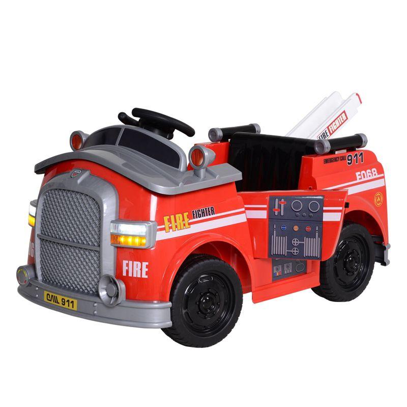 Aosom 6V Electric Ride-On Fire Truck Vehicle for Kids with Remote Control, Music, Lights, and Ladder