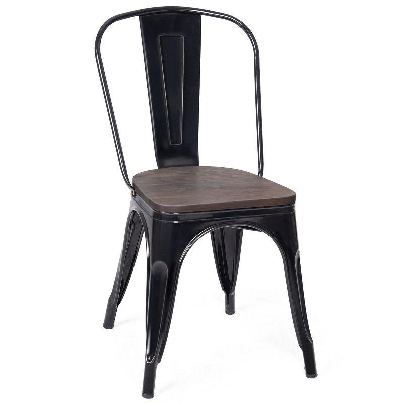 Set of 4 Vintage High-Back Metal Side Chairs with Wood Seat - Black