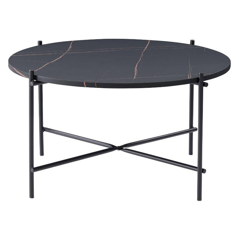 Modern Sleek Black Marbled Round Coffee Table with Metal Frame