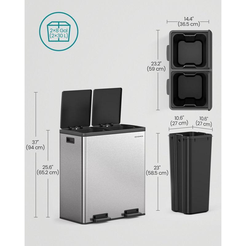 Trash Can, 2 x 8-Gallon Garbage Can, with 15 Trash Bags, 2 Compartments, Plastic Inner Buckets, Silver and Black