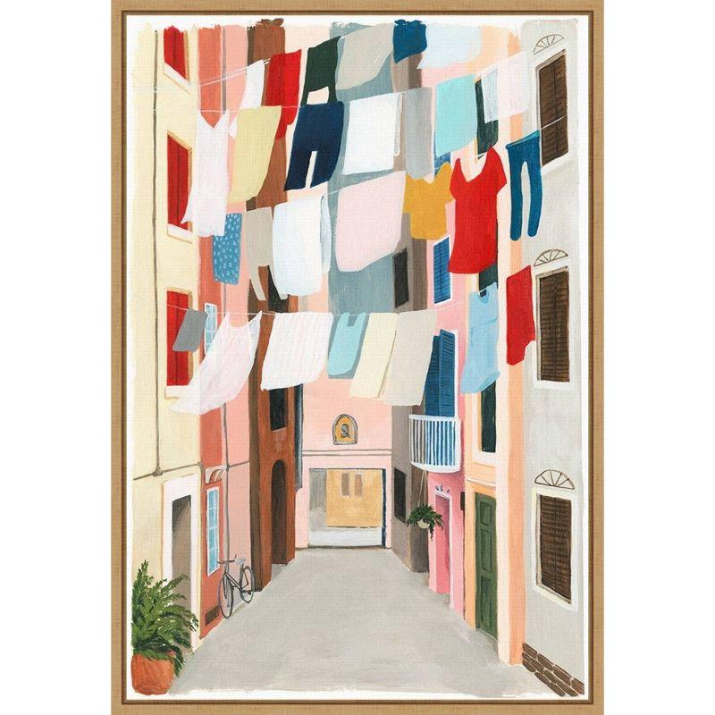 Urban Cityscape Laundry Day Canvas Print with Maple Frame