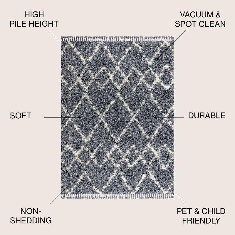 3'x5' Mercer Shag Plush Tassel Moroccan Geometric Trellis Area Rug, Denim/Cream - JONATHAN Y