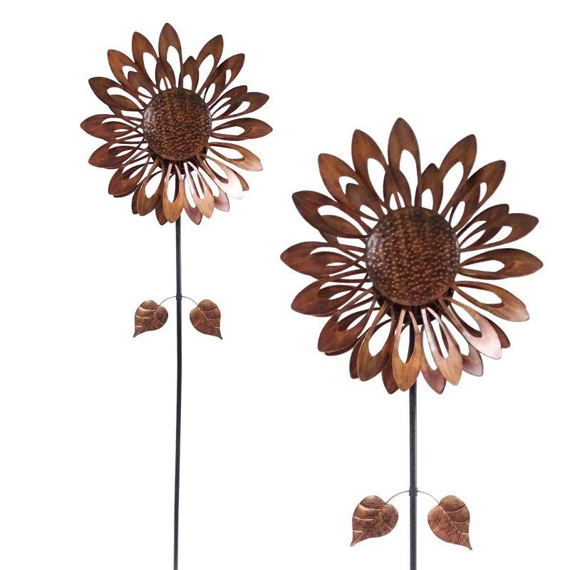 Bronze Sunflower Iron Garden Wind Spinner Stake, 85" Tall