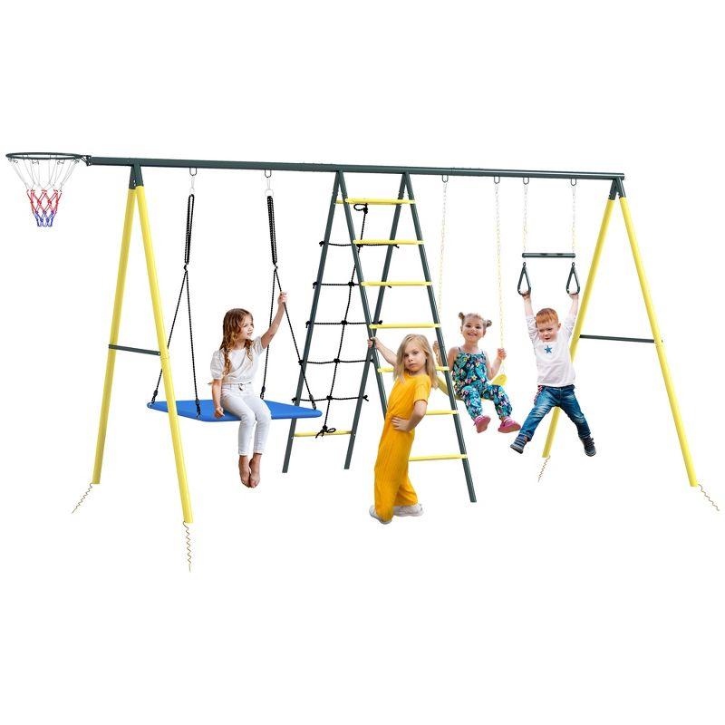 440 Lbs Swing Set For Backyard, 5 In 1 Heavy-Duty A-Frame Stand Outdoor Playset For Kids, With Saucer Swing, Slide, Swing Seats, Gym Rings, Basketball Hoop, Climbing Steps And Net