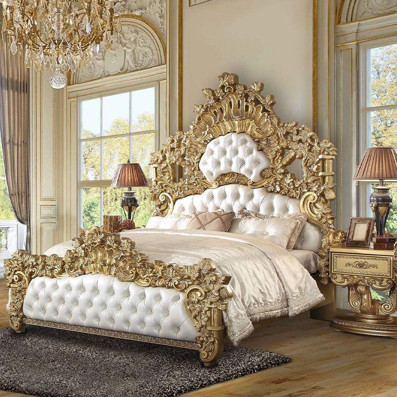 Bernadette White and Gold King Bed with Tufted Upholstery and Nailhead Trim