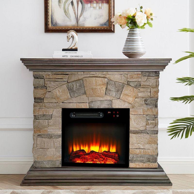 40" Bisque and Muddy Freestanding Electric Fireplace with Stone-Brick Mantel