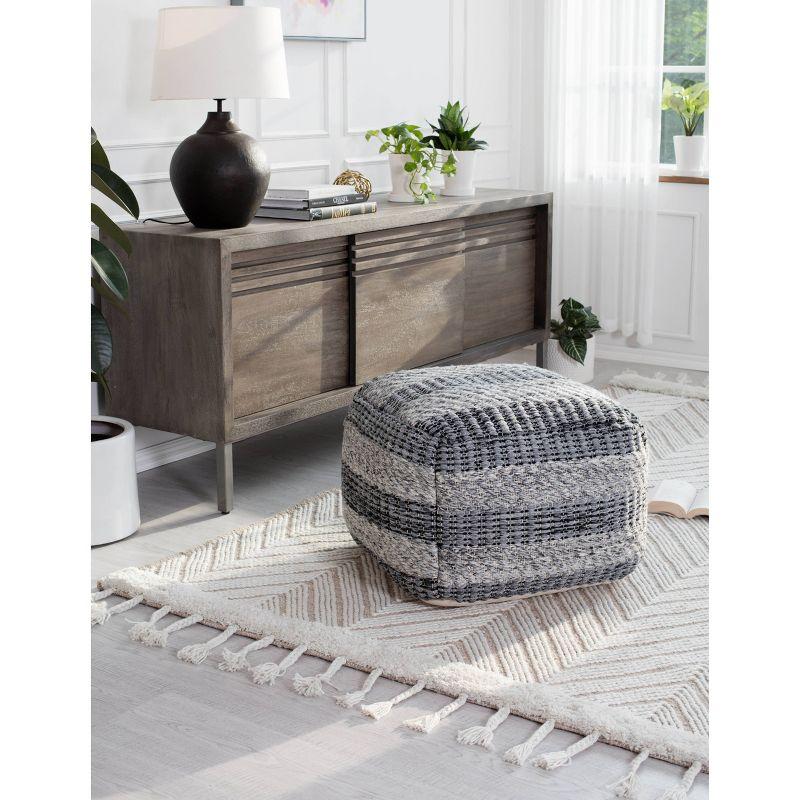 Handwoven Striped Gray Pouf Ottoman with Eco-Friendly Bead Fill