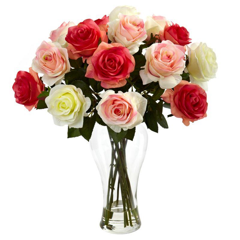 Nearly Natural Assorted Blooming Roses with Vase, Assorted Pastels