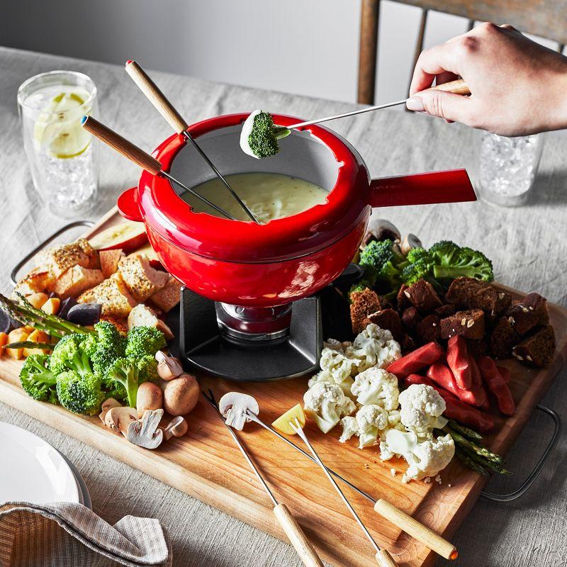 Red Enameled Cast Iron 8-Inch Fondue Pot Set with 6 Forks