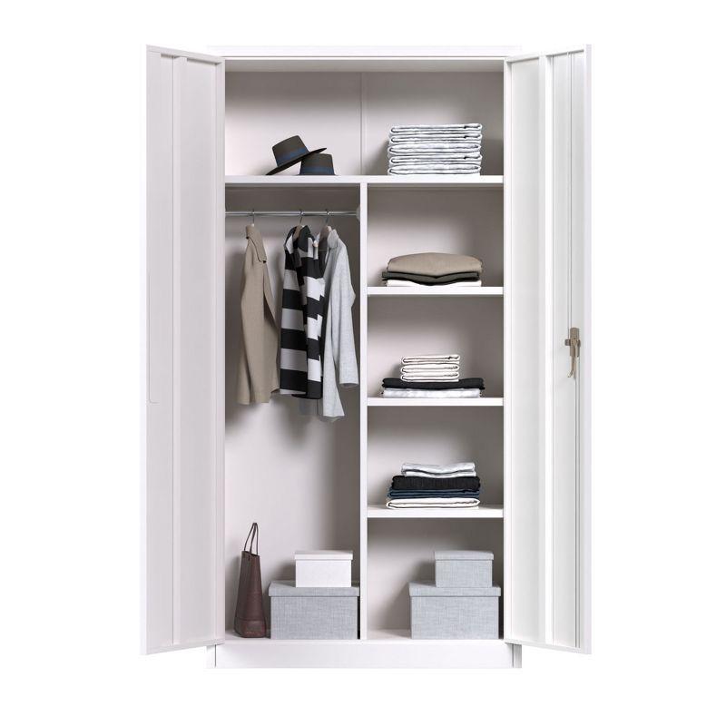 AOBABO Large Metal Wardrobe Style Storage Cabinet with 3 Adjustable Shelves, Cloth Rail, and Lockable Doors for Home Organization