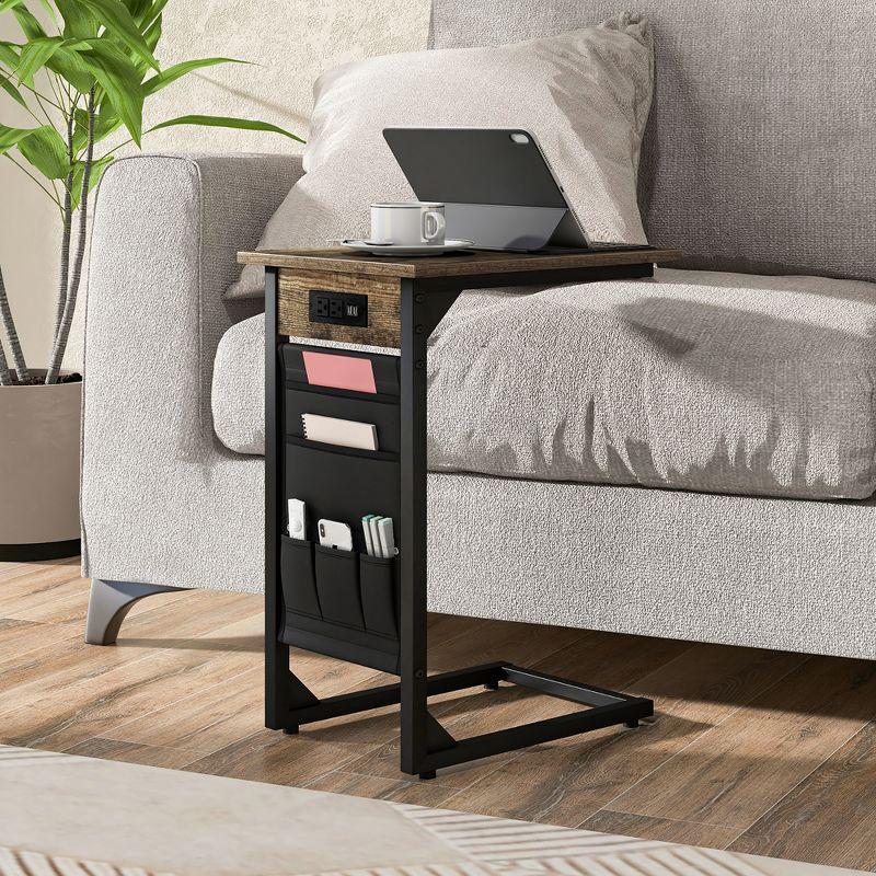 Tangkula 2PCS C Shaped End Table Sofa Side Table with Charging Station & Side Storage Bag