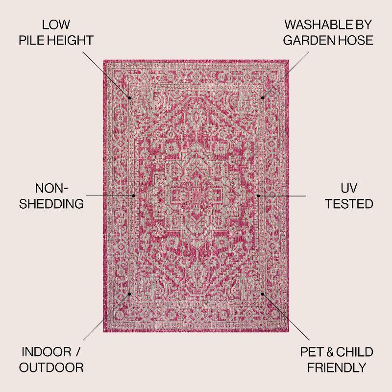 5' Round Sinjuri Medallion Textured Weave Indoor/Outdoor Area Rug, Fuchsia/Light Gray - JONATHAN Y