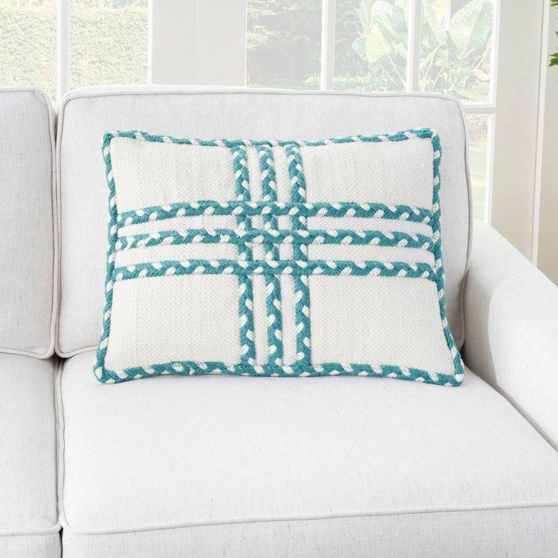 Lively Turquoise & Ivory Cross Braided 14"x20" Outdoor Lumbar Pillow