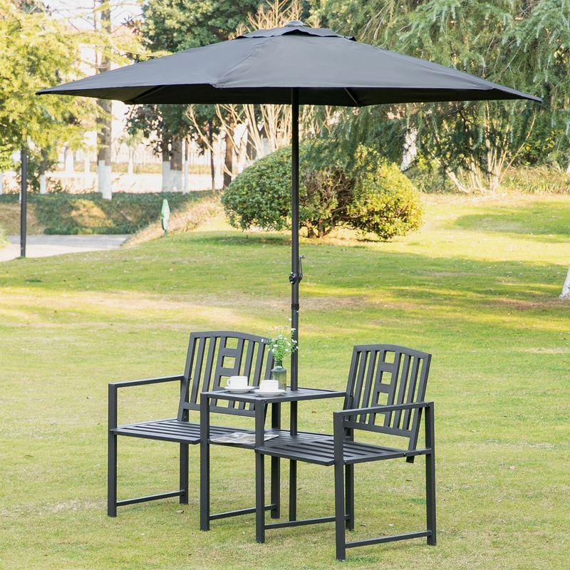 Outsunny Metal Garden Bench with Middle Table and Umbrella Hole, 2-in-1 Double Patio Chairs, Outdoor 2-person Tete-a-Tete, Slatted, Black