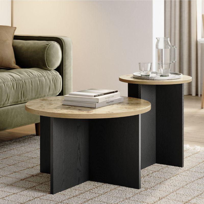 Stead Black and Burl Wood Coffee Table - Black and Wood Coffee Table - Round Nesting - 2 Piece Coffee Table Set