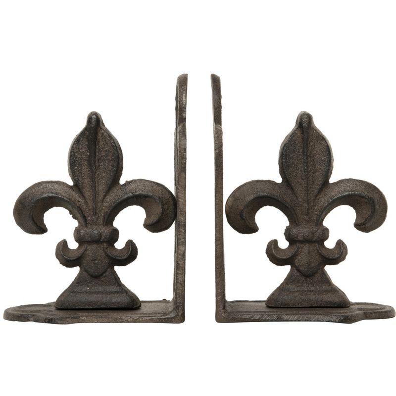 Storied Home Decorative Metal Fleur de Lis Bookends, Brown, Set of 2