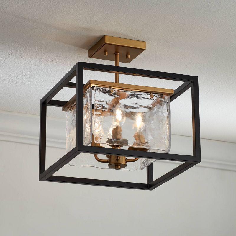 Possini Euro Design Liston Modern Ceiling Light Semi Flush Mount Fixture 14" Wide Black Brass 4-Light Ice Glass Panels for Bedroom Kitchen Living Room