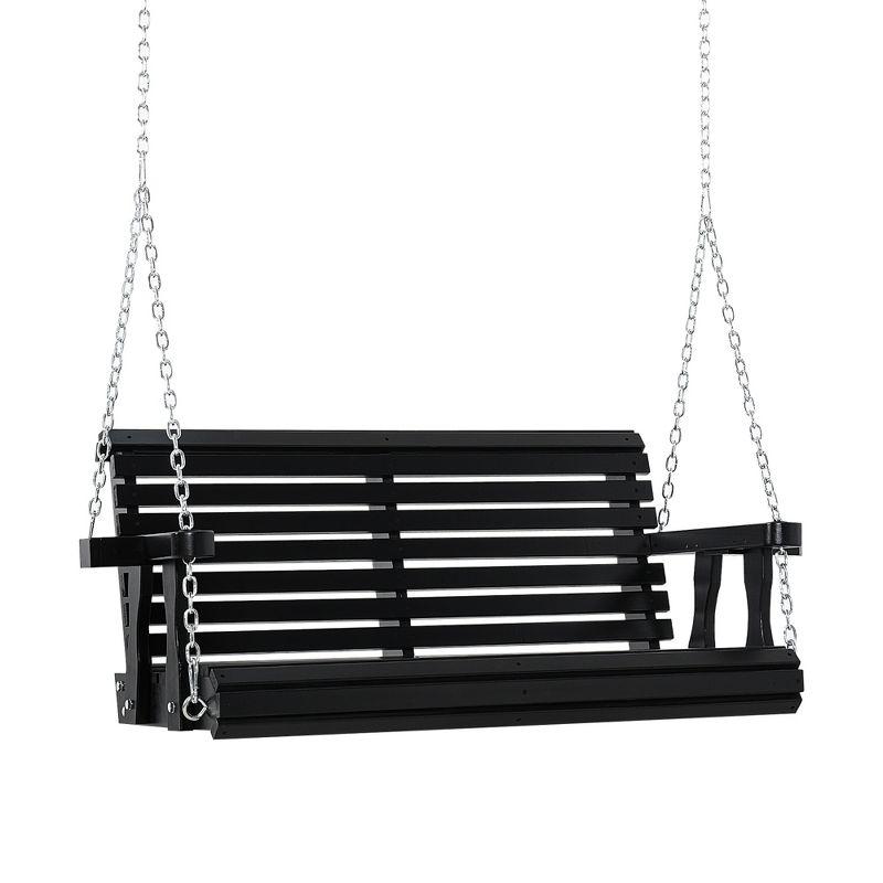 Outsunny 46" 2-Person Porch Swing Wooden Patio Swing Bench with Cup Holders, Slatted Design, & Chains Included, 440lb Weight Capacity, Black