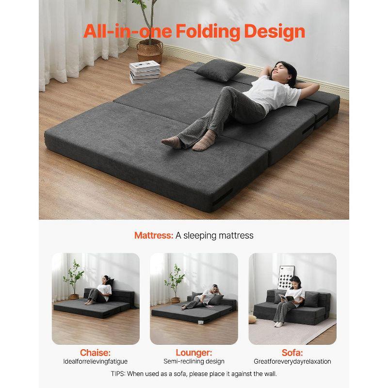 VEVOR Folding Sofa Bed, 3-in-1 Foldable Couch Bed with 2 Pillows and Washable Cover, 25D High Density Memory Foam Sleeper Chair Bed, Dark Grey(Queen)