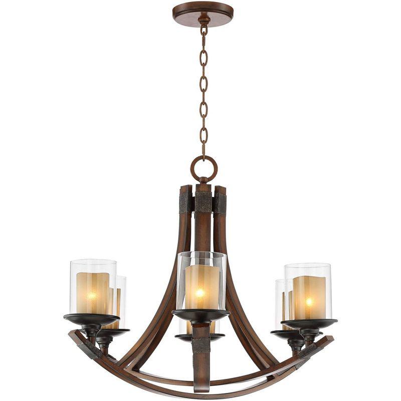 Franklin Iron Works Mahogany Wood Finish Chandelier 27 1/2" Wide Rustic Curving Clear Outer Scavo Inner Glass 6-Light Fixture Dining Room