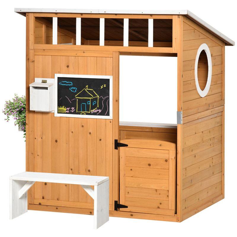 Outsunny Wooden Kids Playhouse with Bench and Flower Pot Holder