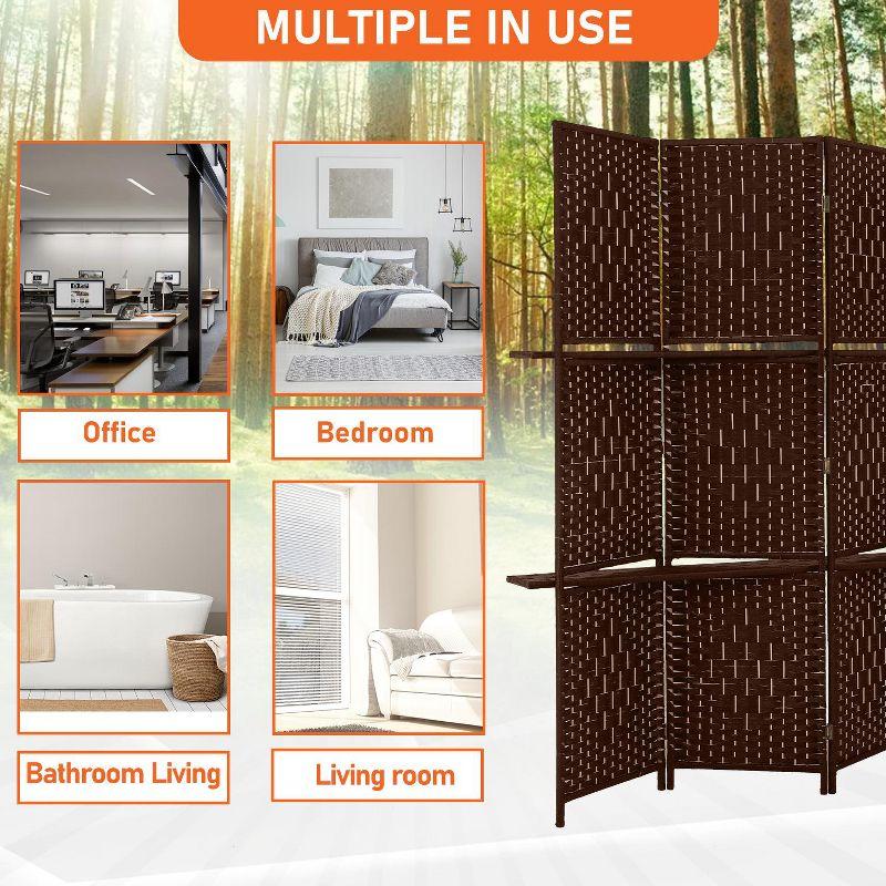 FDW Versatile 4 Panel Folding Room Divider Screen Divider Wooden Screen Folding Portable Partition with Built-in Shelves Stylish, Brown