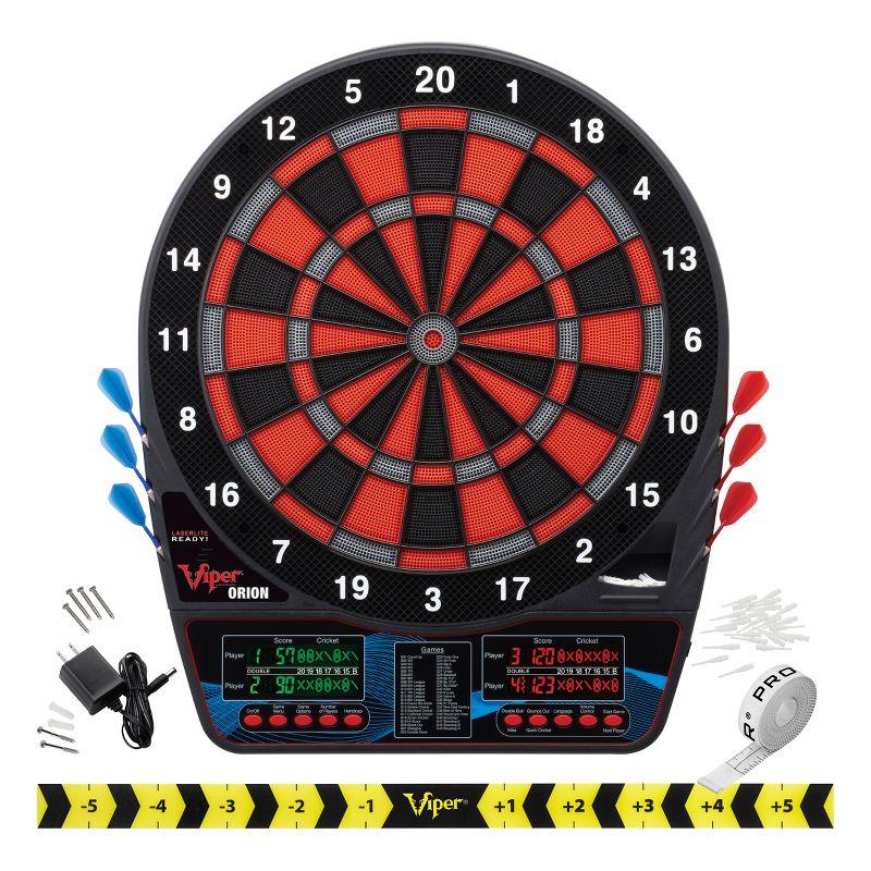 Viper Orion Electronic Dartboard, Metropolitan Mahogany Cabinet, Throw Line Light, Dartboard Lights, Black Magic Soft Tip Darts, And Spare Tips And Flights
