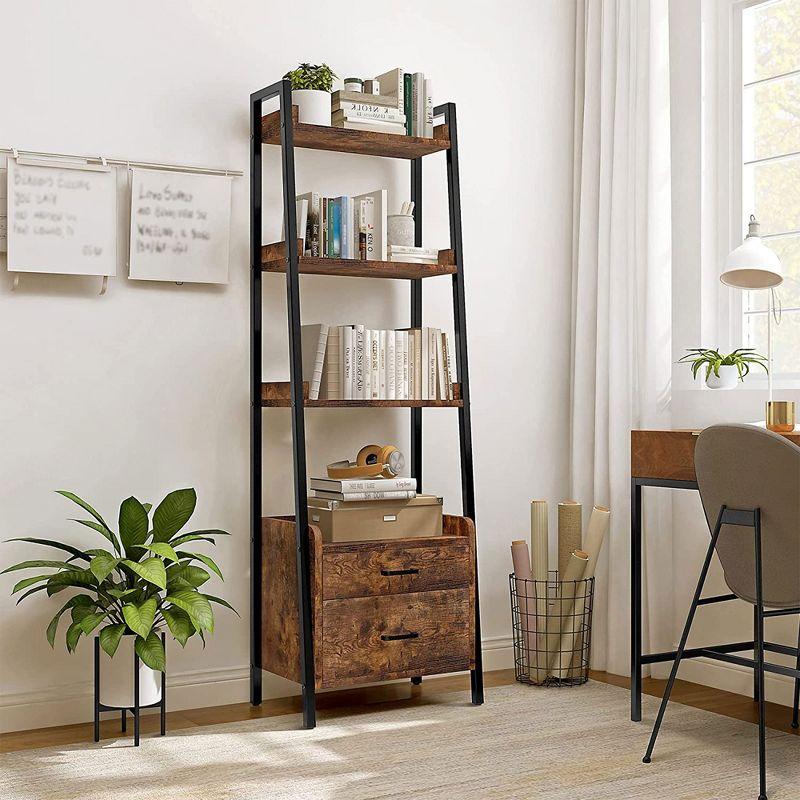 Rustic Brown Ladder Bookcase with Metal Frame and 2 Drawers