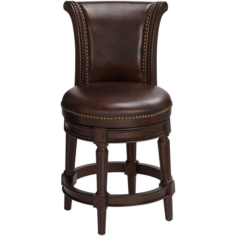 55 Downing Street Addison Walnut Swivel Bar Stool Brown 26" High Traditional Mocha Leather Cushion with Backrest Footrest for Kitchen Counter Height