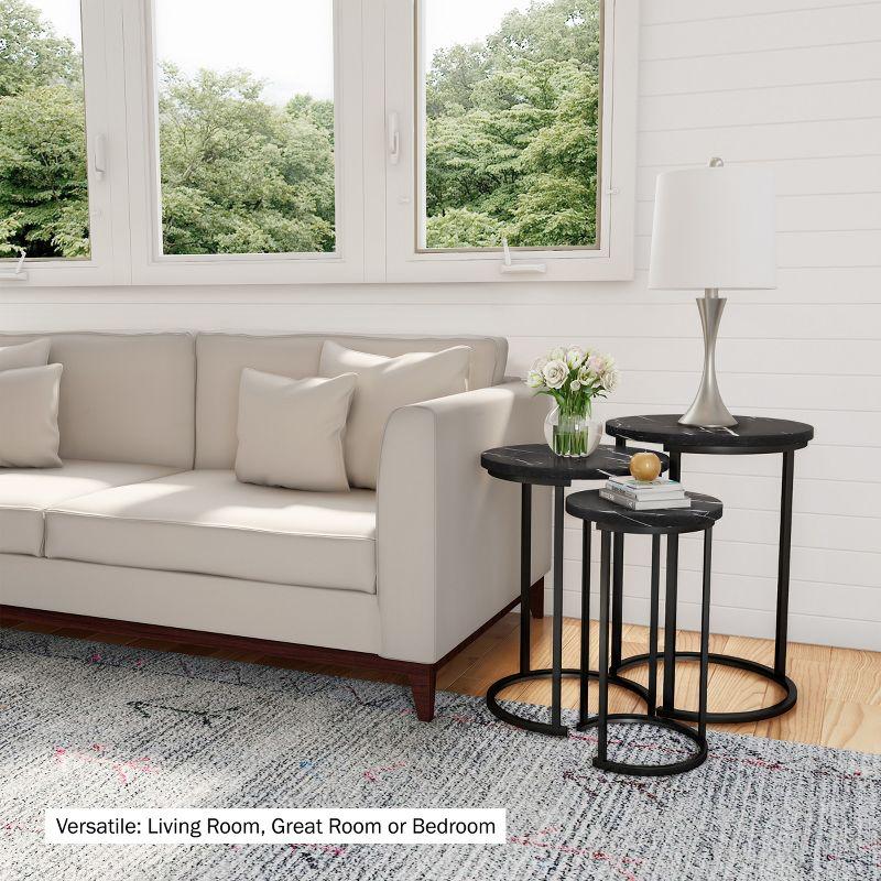 Hastings Home Set of 3 Round Living Room End Tables – Modern Faux Marble Top and Black Metal Base Nesting Tables or Nightstands