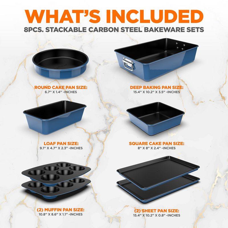 NutriChef 8-Piece Nonstick Stackable Bakeware Set - Pfoa, Pfos, Ptfe Free Baking Tray Set W/ Non-Stick Coating, 450°F Oven Safe, Round Cake, Loaf, Muffin, Wide/Square Pans, Cookie Sheet