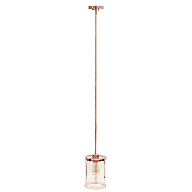 1-Light 9.25" Modern Farmhouse Adjustable Hanging Cylindrical Clear Glass Pendant Fixture with Metal Accent Rose Gold - Lalia Home