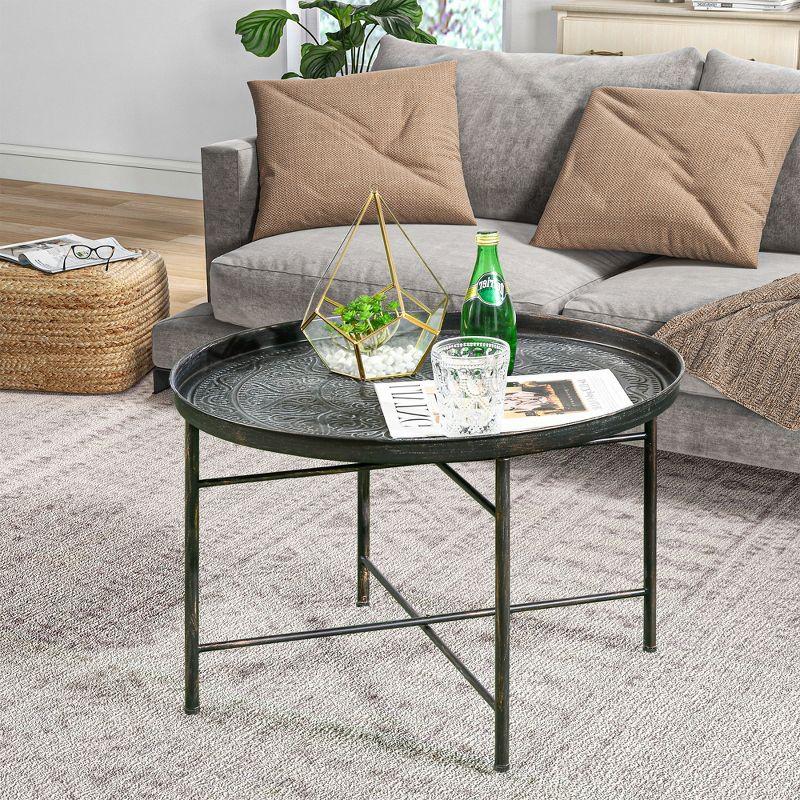 HOMCOM 24" Round Coffee Table with Hammered Tray Top, Vintage Metal Center Table for Living Room, Bedroom, Side Table, Pewter
